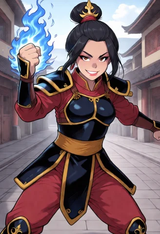 Azula, Brown Eyes, Black Hair, Lipstick, Hair Bun, Hair Orna... — Stable Diffusion AI Prompt: azula, brown eyes, black hair, lipstick, hair bun, hair ornament, wearing an arm...