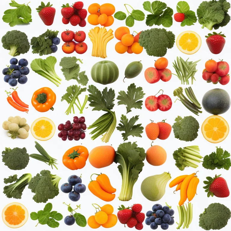 A Variety Of Fruits And Vegetables Are Arranged On A White B...