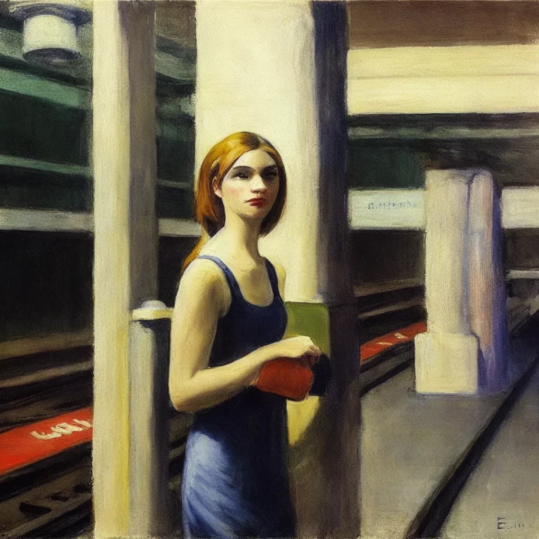 A Painting Of A Young Woman In A Dress Standing On A Platfor...
