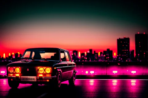 Analog Style, A Black Car Drifting On The Streets Of Tokyo A... — Stable Diffusion AI Prompt: analog style, A black car drifting on the streets of tokyo at night :: pink suns...