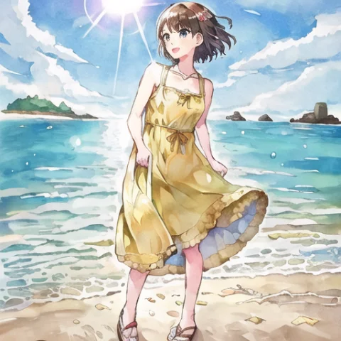 1girl, Short Hair, Yellow Dress, Beach, Sunshine, — Stable Diffusion AI Prompt: 1girl, short hair, yellow dress, beach, sunshine,