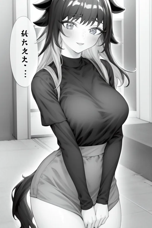 1girl, Panel, Cow Girl, Grayscale, Monochrome