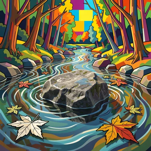 A Large, Wet, Heavy Grey Stone Sits In The Center Of A Flowi... — FLUX AI Prompt: A large, wet, heavy grey stone sits in the center of a flowing forest stream, bl...