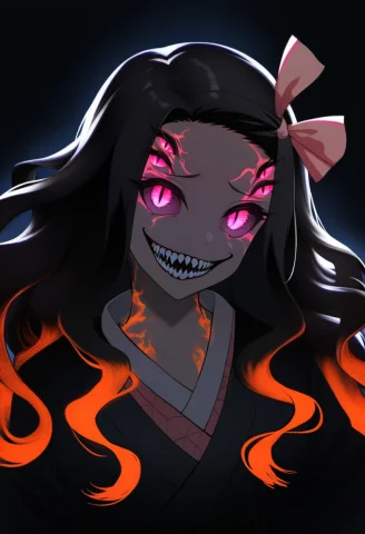 Nezuko Kamado, Black Hair, Forehead, Hair Ribbon, Long Hair,... — Stable Diffusion AI Prompt: nezuko kamado, black hair, forehead, hair ribbon, long hair, multicolored hair,...