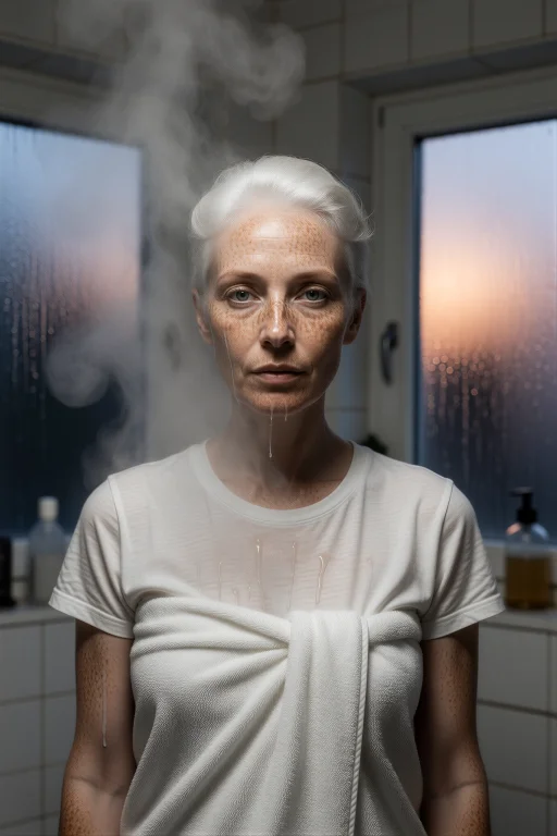 Striking Woman With Short Silver Hair And Pale Freckled Skin...