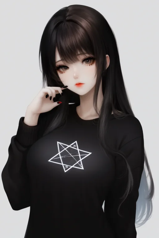 Skistyle, 1girl, Solo, Black Hair, Black Nails, Long Hair, L...