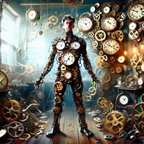 A Chaotic Victorian Mechanic Standing Proudly Beside A Gigan... — SDXL AI Prompt: A chaotic Victorian mechanic standing proudly beside a gigantic broken clock, ha...