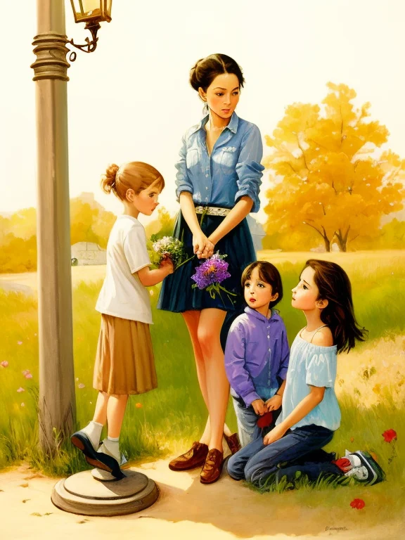 A Painting Of A Woman And Two Children Sitting On The Ground...
