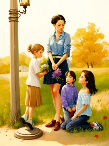 A Painting Of A Woman And Two Children Sitting On The Ground... — Stable Diffusion AI Prompt: a painting of a woman and two children sitting on the ground next to a pole with...