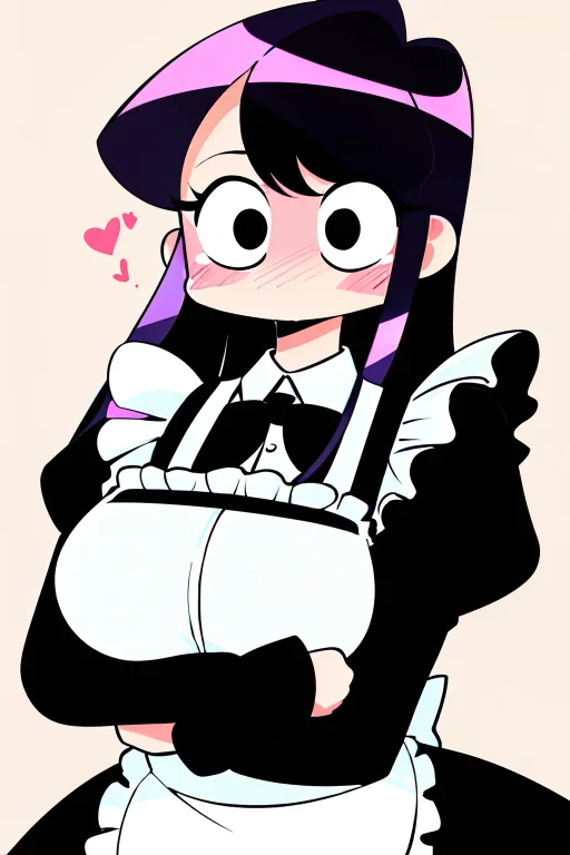 Komi Shouko, 1girl, Apron, Black Eyes, Dotted Background, Em...