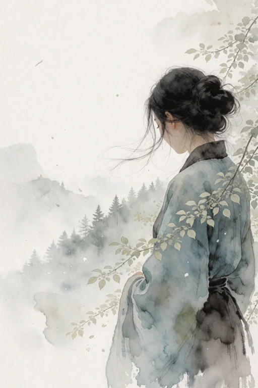 Ethereal Watercolor And Ink Portrait Of A Solitary Young Eas...