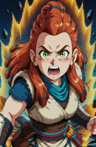 Aloy A Young Woman With Red Hair And Green Yellow Eyes Looki... — Stable Diffusion AI Prompt: Aloy a young woman with red hair and green yellow eyes looking at viewer, scream...