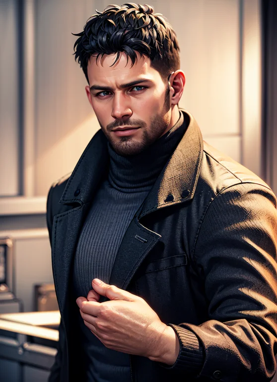1boy, Cowboy Shot Of Re8dfield, Beard, Facial Hair, Black Co...