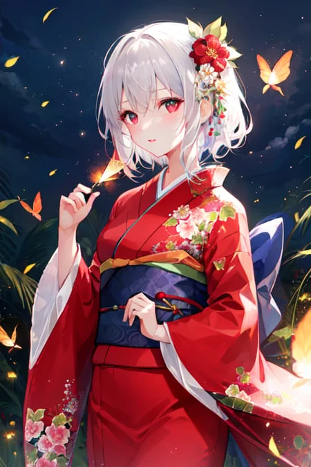 1girl, Fire Flies, Floralprint, Kimono, Longsleeves, Looking...