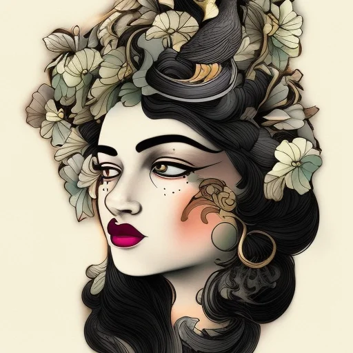 Neotraditional Phantatt A Woman With A Bird On Her Head And...