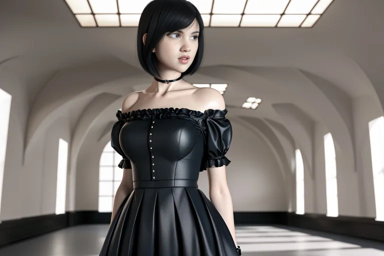 A Young Goth Girl With Pale Skin, Short Black Hair, And Blue...
