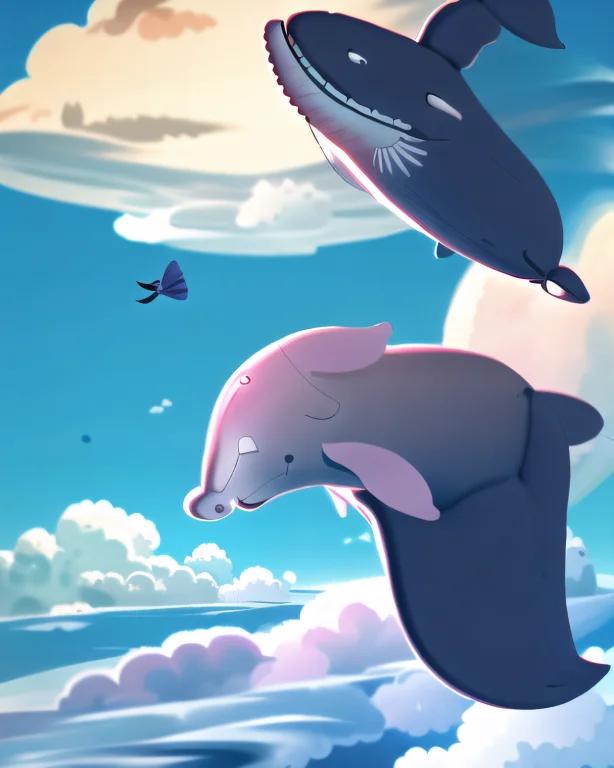 Cute Whale Floating Among The Clouds In The Style Of Loragra...