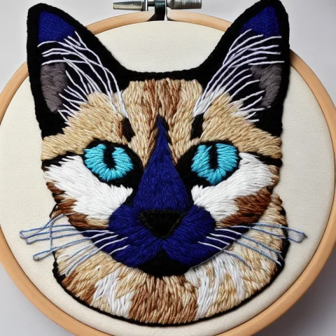Siamese Cat With Big Blue Eyes, Embroidery By Embarg — Stable Diffusion AI Prompt: siamese cat with big blue eyes, embroidery by embarg