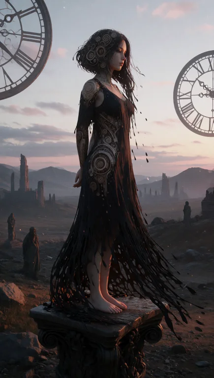 A Lone Female Figure Stands In Full Side Profile Atop A Dark...