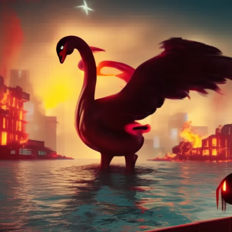 A Black Swan With Red Eyes Swimming In A Sea By Night, Flame...