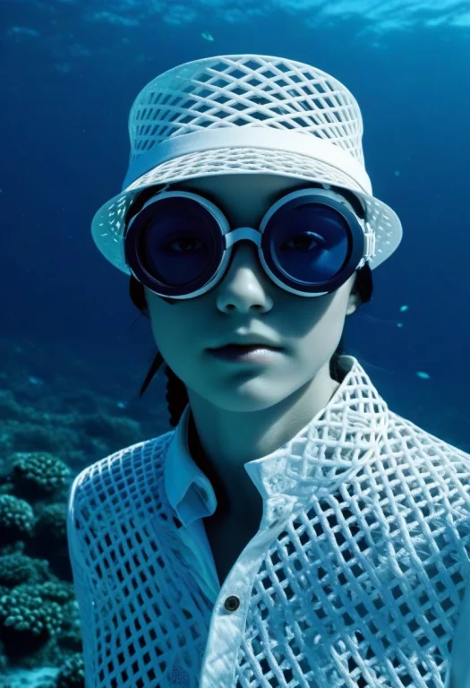 Closeup Matte White Lattice Fish In Sea, Wear Round Goggles,...