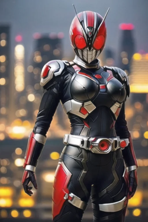 Medium Shot Of Kamen Rider,female,curvy,bald Head,side Light...