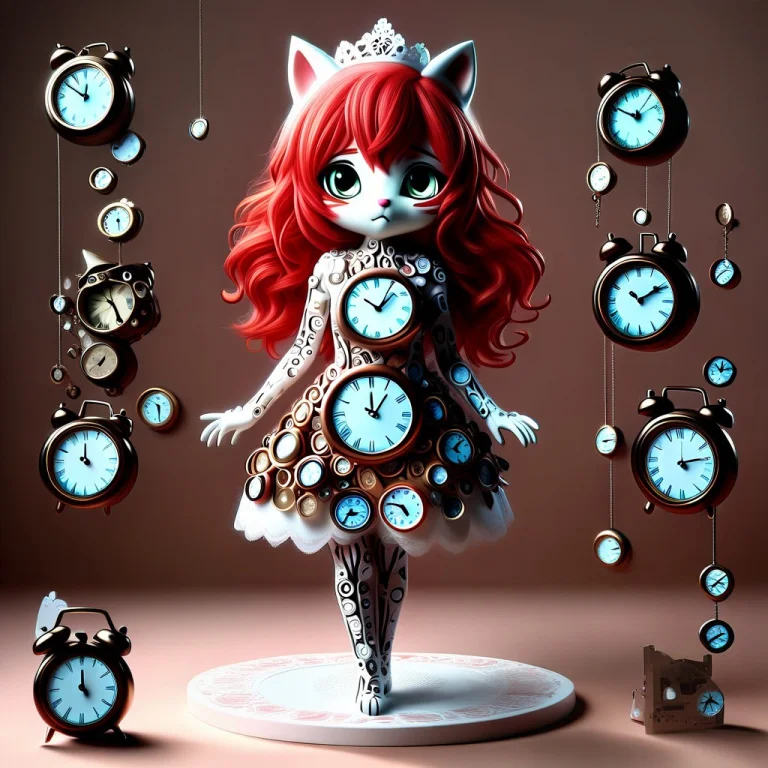 A 3d Chibi Anime Red Hair Cat Girl Wear Clock Wedding Dresse...