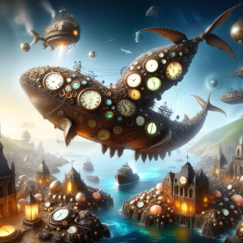 Realistic Grimdark Floating Archipelago Of Balloons Made Of... — SDXL AI Prompt: realistic Grimdark floating archipelago of balloons made of clocks pirate cities...