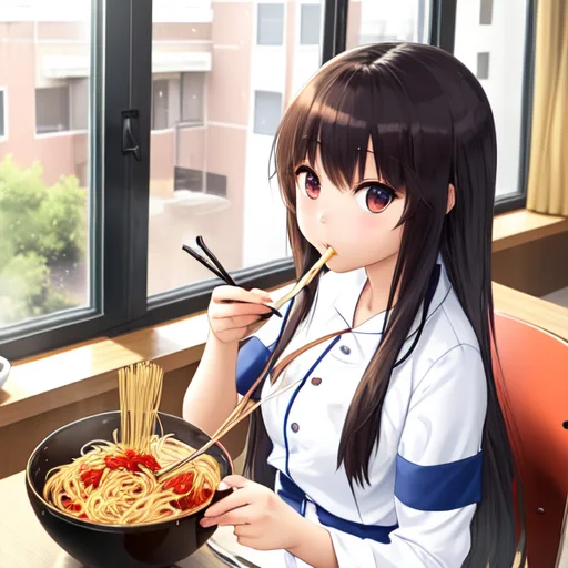 Anime Girl Eating Spaghetti With Chopsticks, Window Backgrou...