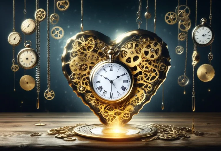 Melting Gold Pocket Watch On Wooden Table, Exposed Gears, Su...