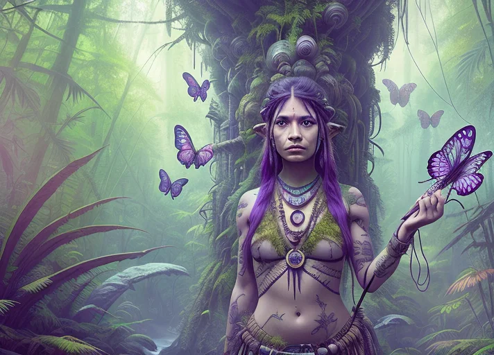 Native Girl With A Spear, Purple Long Hair, Tattoo, Necklace...