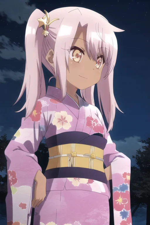 Night,stars,kimono ,belt,1girl,darkskin,pinkhair