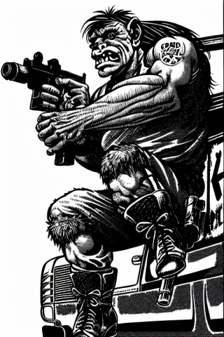 Theoldshadowrunstyles1.0 A Cyberpunk Troll Holding A Gun, On... — Stable Diffusion AI Prompt: (TheOldShadowrunStyles:1.0) a cyberpunk troll holding a gun, on a truck