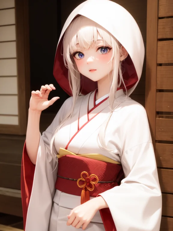 Uchikake, Hood, White Hair, Long Hair, Indoors, Cowboy Shot,...