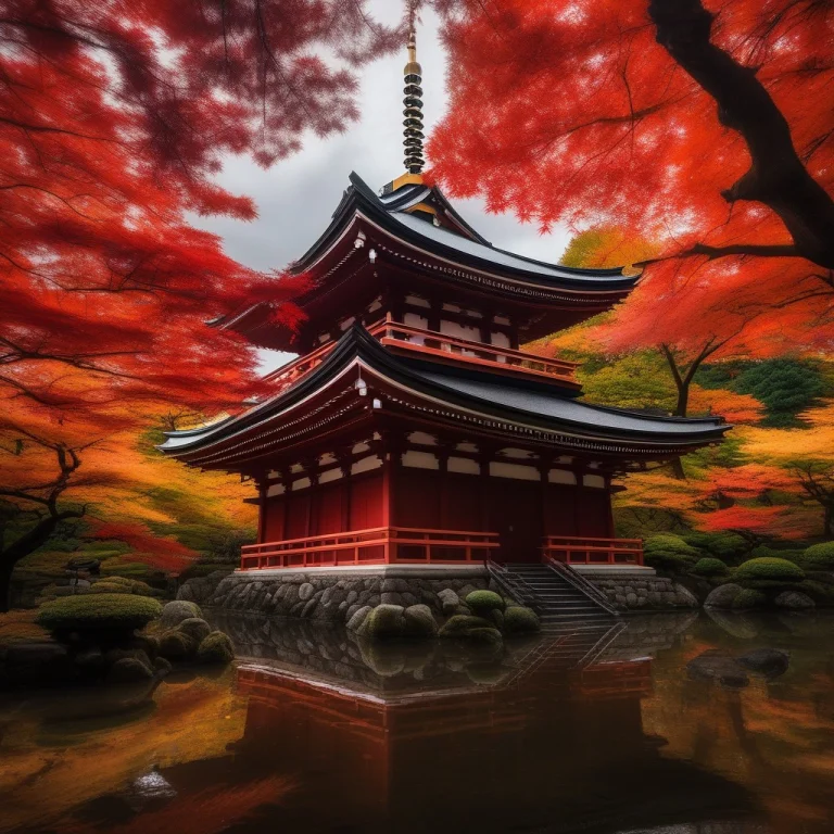 A Japanese Temple Framed By Autumn Maples, Classical Paintin...