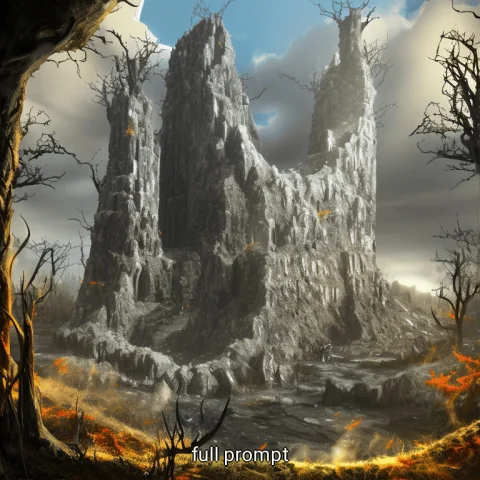 Demon Devil Black Stone Tower, Hellfire Landscape, Bone Tree... — Stable Diffusion AI Prompt: demon devil black stone tower, hellfire landscape, bone trees, painted_landscape