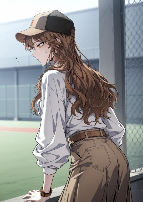 1girl, Solo, Adjusting A Baseball Cap, Leaning Against A Cha...