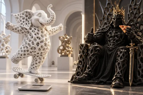 3d Cinematic Render, White Museum Gallery, Sculptural Elepha... — SDXL AI Prompt: 3D cinematic render, white museum gallery, sculptural elephant, white matte gyro...