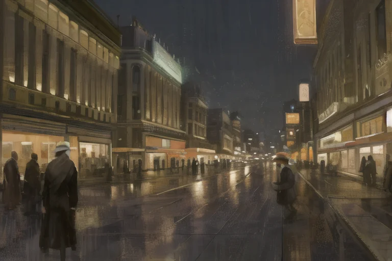 A Painting Of A City Street At Night With People Walking On...