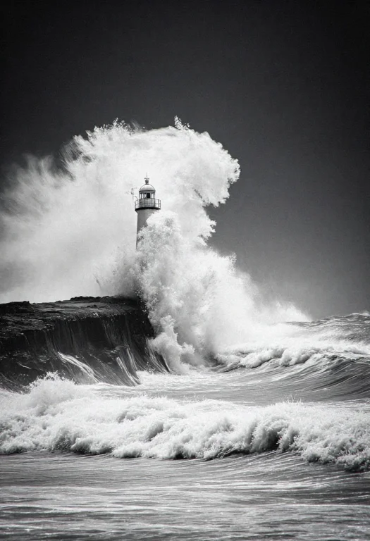 Huge Waves On Acrashing Onto A Lighthouse Set On A Cliff, Am...