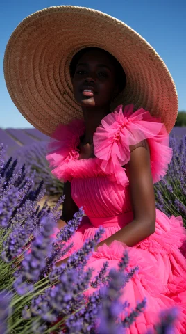 Black Female Model In A Blooming Lavender Field, Oversized W... — Stable Diffusion AI Prompt: Black female model in a blooming lavender field, oversized woven straw sun hat,...