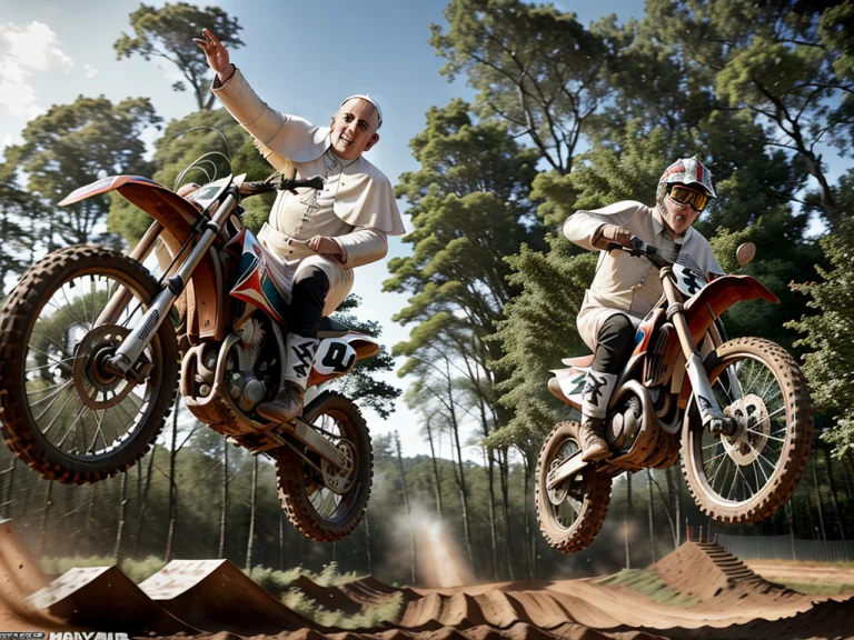 The Pope Riding A Dirt Bike On A Motocross Track In The Wood...