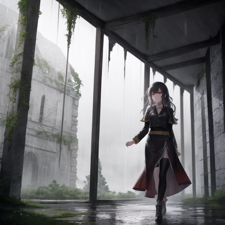 Best Quality, Rain, Fantasy, Walking Through Ruined Ancient...