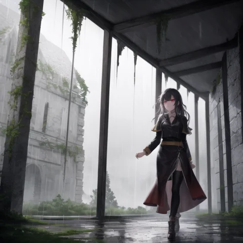 Best Quality, Rain, Fantasy, Walking Through Ruined Ancient... — Stable Diffusion AI Prompt: best quality, rain, fantasy, walking through ruined ancient buildings, 1girl, de...