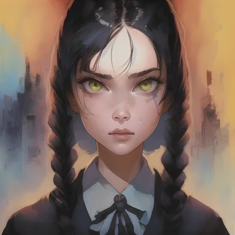 Masterpeice, Best Quality, A Face Wednesday Addams Art By Gr... — Stable Diffusion AI Prompt: masterpeice, best quality, a face wednesday addams art by greg tocchini and kaet...