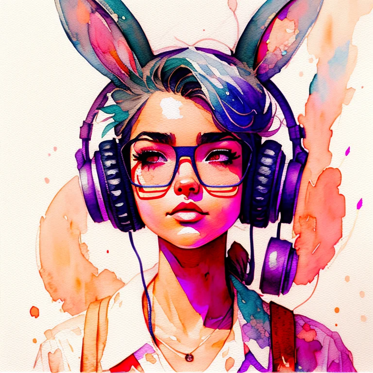 Wtrcolor Style, Digital Art Of Retrowave Bunny Girl With Gla...