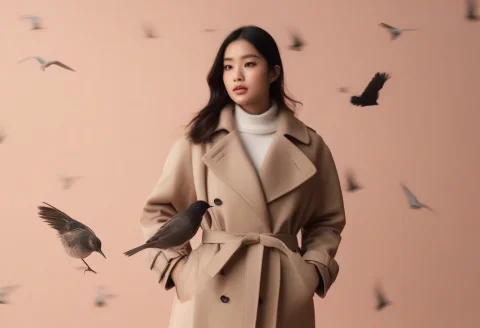 A Structured Coat Against A Pastel Studio Wall, Overcast Lig... — SDXL AI Prompt: a structured coat against a pastel studio wall, overcast light, motion blur, bir...