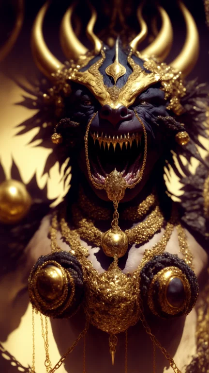 An Enormous Lamia Adorned In Decorative Gold Chains, Her Fan...