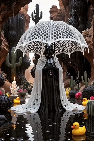 Extremely Detailed, Hyperrealistic, Intricate Organic Detail... — SDXL AI Prompt: extremely detailed, hyperrealistic, intricate organic details, rainy, Darth Vade...
