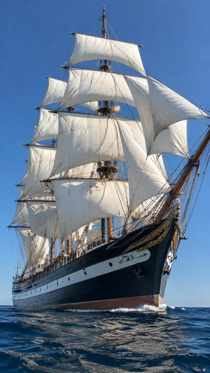 A Realistic, Low-angle Photograph Of A Majestic Three-masted...